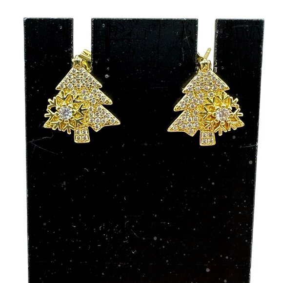 Christmas Tree Earrings Snowflake Crystal Accents Sparkly Holiday Costume Jewelr - Picture 2 of 11
